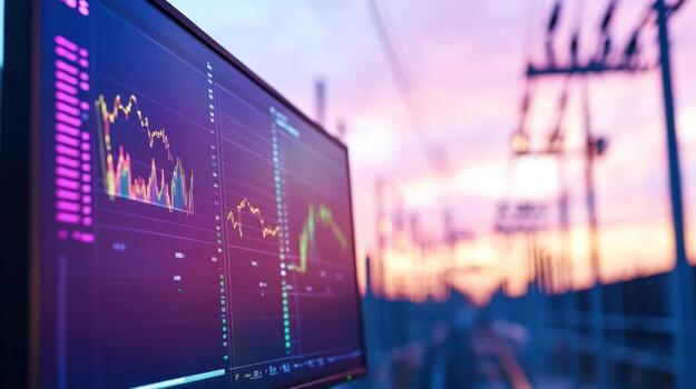 Financial chart data on computer display with infrastructure background photo