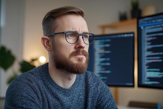 Software developer analyzing code on computer monitors photo