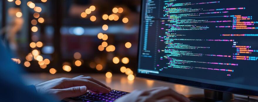 Software development on computer screen with code and keyboard photo