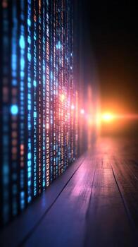 Glowing binary code wall digital technology data stream abstract background photo