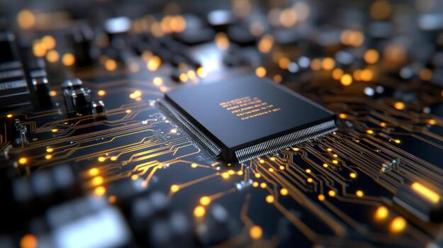 Computer microchip circuitry close up glowing pathways high tech technology background photo