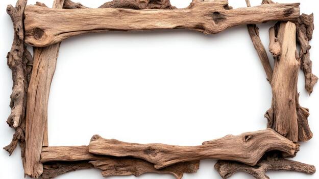 Driftwood frame on white background for rustic design and creative projects photo