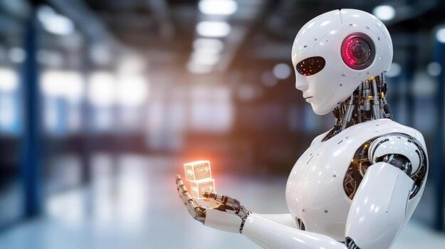 Advanced robot holding glowing cube artificial intelligence concept photo