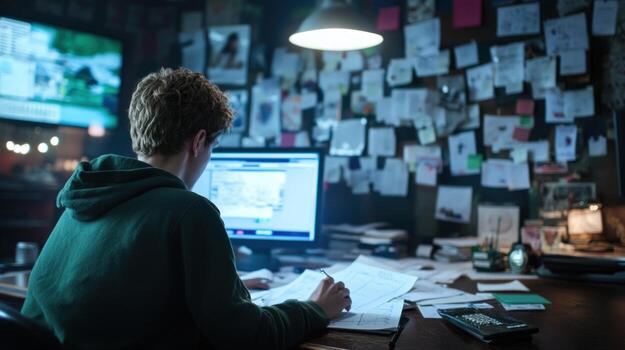 Workspace with computer and documents for research and analysis photo