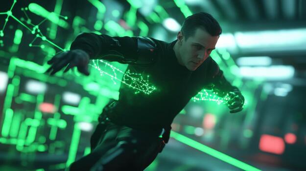 Man interact with digital network connection and cyber technology photo