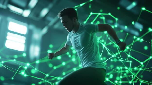 Man running in digital network environment high tech connectivity photo
