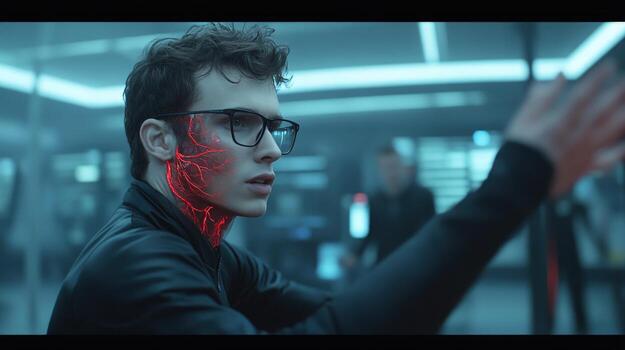 Man interacting with futuristic technology high tech interface virtual reality photo