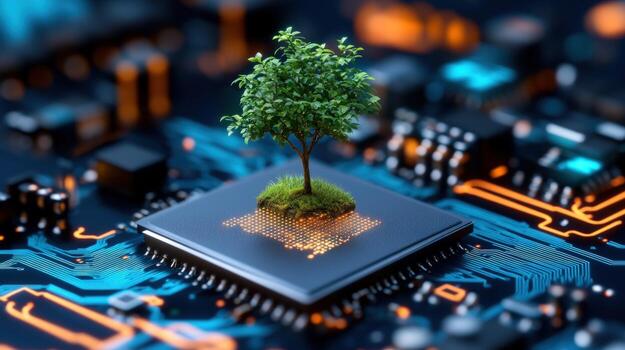 Tree growing on computer processor microchip symbolizing sustainable technology and eco friendly computing photo