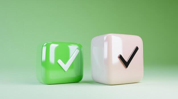 Confirmation icon graphic of cubes with check marks representing choice or task completion photo