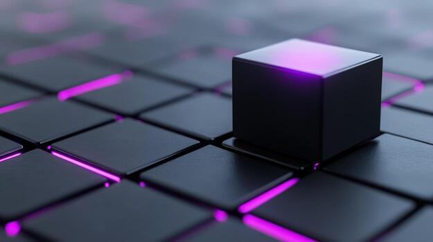 Abstract cube and square grid with glowing magenta light for futuristic technology background photo