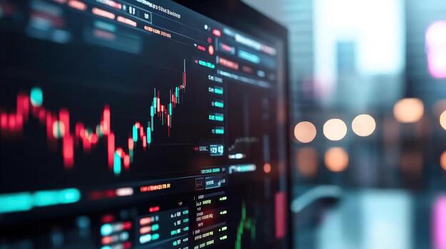 Trading data on computer display with financial market graphs and charts photo