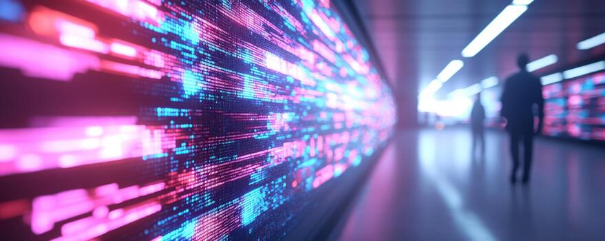 Futuristic data stream corridor with walking figures and abstract digital patterns photo