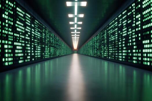 Server room corridor with glowing data panels for data storage and cloud computing photo