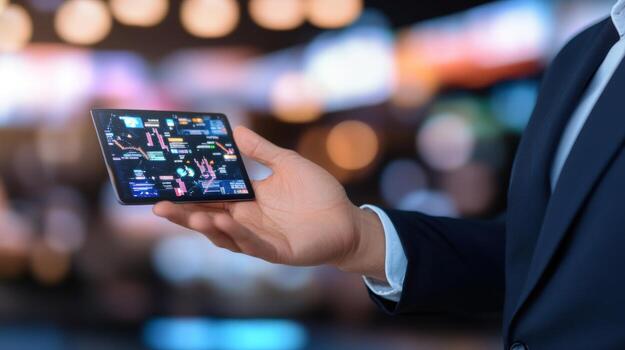 Data visualization on tablet with business professional analyzing charts and graphs photo