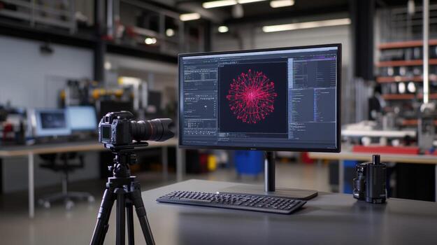 Digital camera and computer display with abstract graphics in industrial setting photo