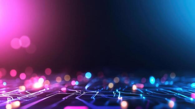 Abstract digital technology background with glowing lines and colorful bokeh lights representing data flow network and modern connectivity concepts photo