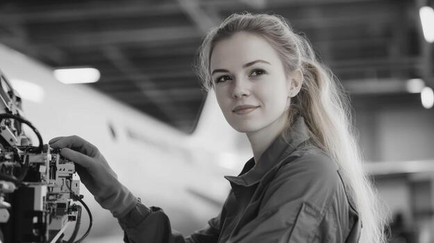 joven mujer técnico trabajando en avanzado maquinaria en un hangar taller demostración habilidad y precisión en un tecnológico ambiente foto