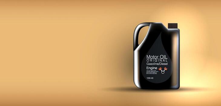 A black container of motor oil sits prominently against a smooth beige background. This oil is designed for use in both gasoline and diesel engines, ensuring optimal performance. vector