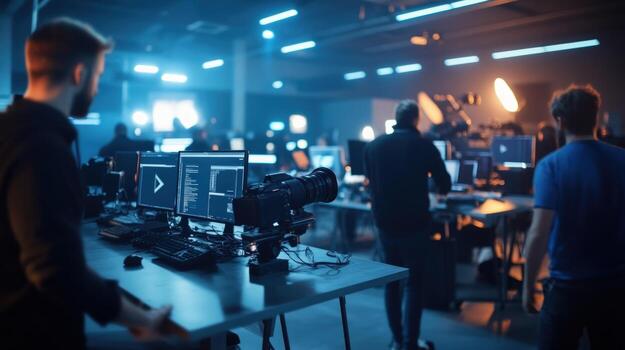 Busy office with employees working on computers technology and data analysis photo