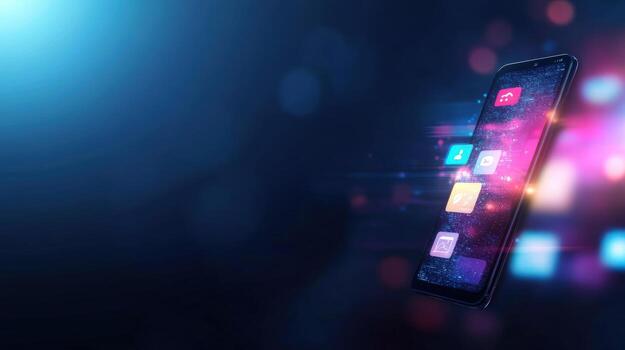 futurista teléfono inteligente mostrando múltiple aplicaciones con brillante digital conexión efectos y resumen antecedentes foto