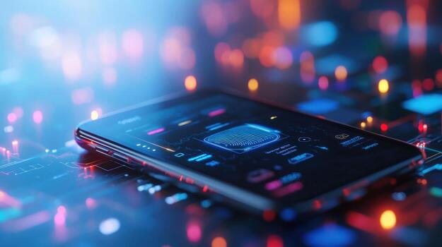 Smartphone displaying fingerprint scanner digital interface for secure access and mobile technology photo