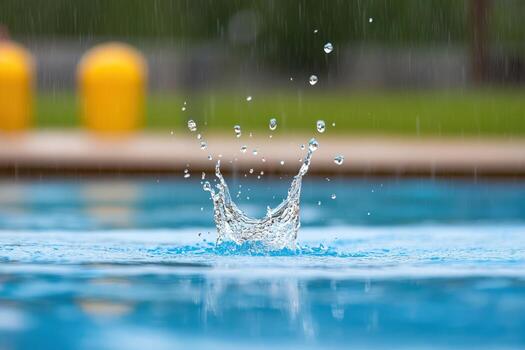 Raindrop splashing into blue water surface creating dynamic crown shaped droplets and circular ripples on a calm pool during inclement weather photo