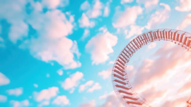 Abstract circular track ascending into a vibrant gradient sky with fluffy clouds representing progress and opportunity photo