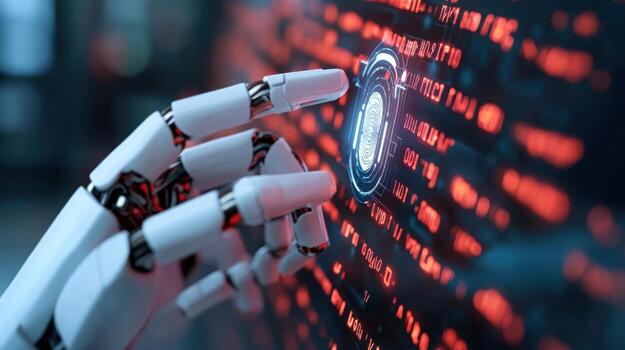 robótico mano interactuando con digital interfaz y brillante código futurista tecnología concepto foto