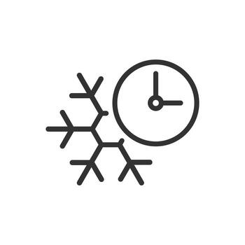 fast freezing icon, cooling time, snowflake with clock, thin line symbol on white background editable stroke illustration eps10 vector