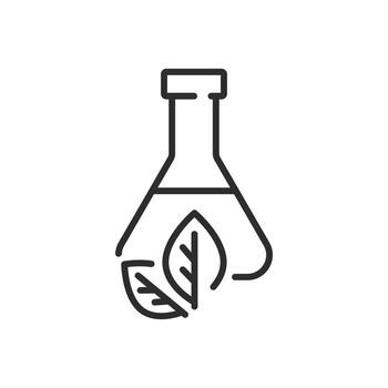 eco biotechnology icon, flask with plant, testing non toxic, development friendly lab, organic products, thin line symbol on white background editable stroke illustration eps10 vector