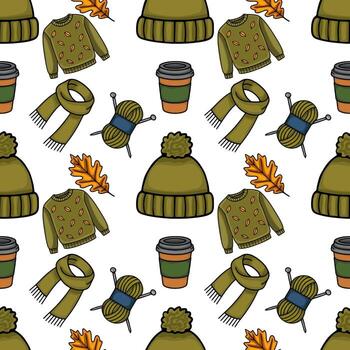 Seamless pattern featuring cozy autumn and winter accessories knitted hats, scarves, sweaters with leaf patterns, yarn with knitting needles, and coffee cups, creating a warm and inviting d... vector