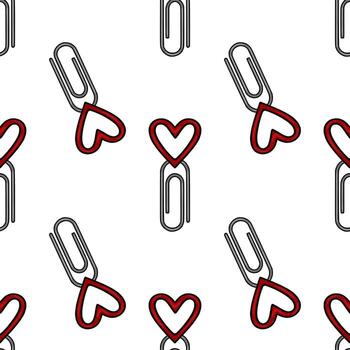 sin costura modelo de gris papel clips adjunto a rojo corazones en un blanco fondo, creando un encantador y romántico diseño ideal para san valentin día o tema de amor proyectos vector