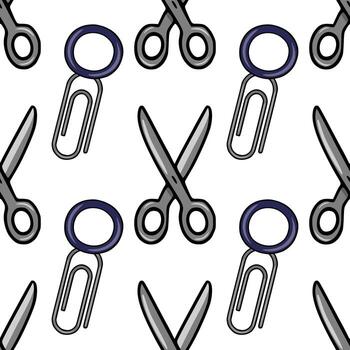 sin costura modelo de oficina suministros estilizado tijeras y papel clips en gris y oscuro azul, creando un sencillo aún eficaz diseño para antecedentes o papelería. vector