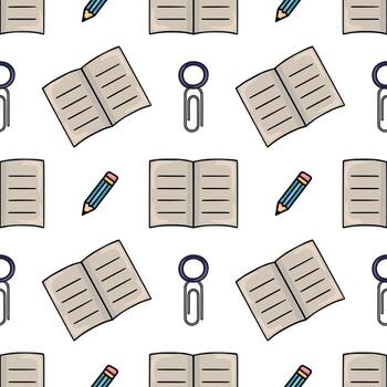 Seamless pattern featuring hand drawn illustrations of notebooks, pencils, and paper clips, creating a playful and organized stationery design. vector