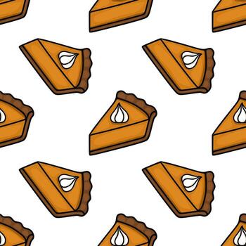 Seamless pattern featuring vibrant orange pumpkin pie slices adorned with a dollop of whipped cream, creating a cheerful and appetizing design perfect for autumnal themes. vector