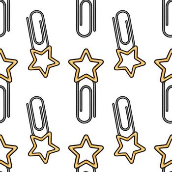 Seamless pattern featuring playful grey paperclips adorned with golden stars, creating a cheerful and organized design ideal for stationery or office-themed projects. vector