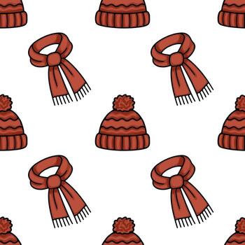Seamless pattern featuring hand drawn illustrations of warm winter accessories a knitted beanie with a pom pom and a cozy scarf in a terracotta hue, creating a charming and repetitive design. vector