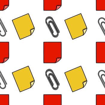 Seamless pattern featuring yellow and red sticky notes and metallic paperclips, creating a playful office supplies design ideal for stationery or business-themed projects. vector