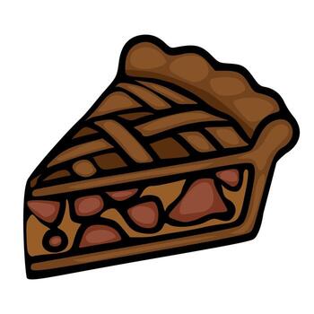 A illustration of a single slice of apple pie, showcasing a detailed lattice crust and a rich, brown filling, presented in a cartoon style with bold outlines. vector