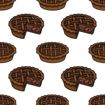 Seamless pattern of delicious brown pies with lattice crust, some showing a slice removed, creating a charming and appetizing design perfect for autumnal or bakery-themed projects. vector