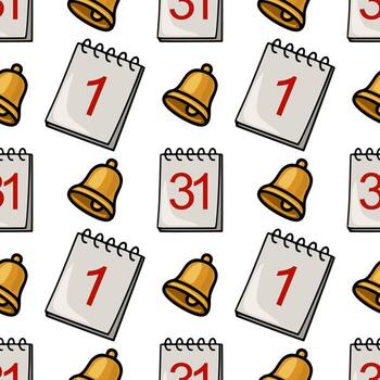 sin costura modelo presentando mano dibujado ilustraciones de dorado campanas y calendario paginas con el números 1 y 31, creando un juguetón y alegre diseño ideal para festivo o educativo... vector