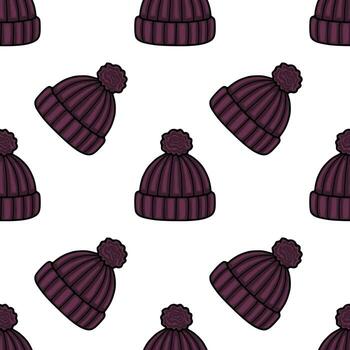 Seamless pattern of stylish maroon knitted winter hats with pom-poms, arranged in a scattered, dynamic composition against a clean white background, ideal for textile design or winter-themed... vector