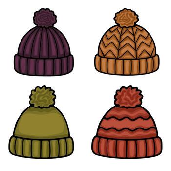 A illustration showcasing four distinct winter beanies, each with a unique knitted pattern and a fluffy pompom, presented against a clean white backdrop. vector