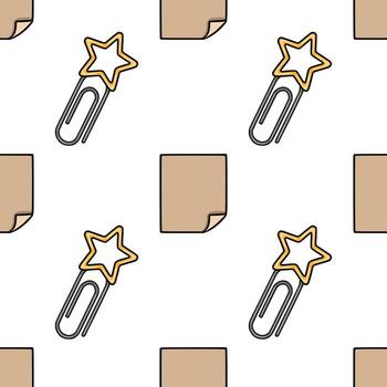 sin costura modelo presentando encantador papel clips adornado con dorado estrellas y beige libretas, creando un juguetón y organizado oficina papelería diseño. vector