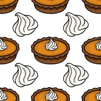 Seamless pattern featuring charming hand drawn pumpkin pies topped with swirls of whipped cream, creating a delightful autumnal design perfect for seasonal projects. vector