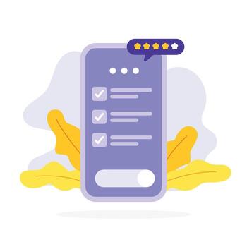 móvil aplicación interfaz con tarea Lista de Verificación y estrella clasificación plano Arte vector