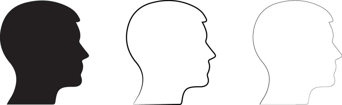 Three Head Profiles in Different Styles Solid Bold Outline and Thin Line vector