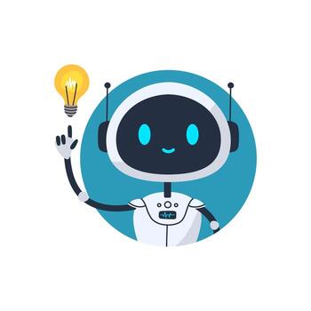 Cute smiling robot avatar icon with idea symbol. Flat illustration of a futuristic chatbot character with antennas. Perfect for AI assistant or tech profile vector