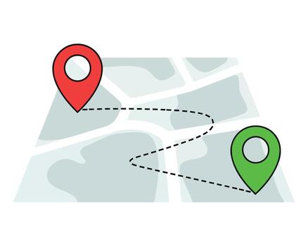 Map with two location pins and a dotted route line vector