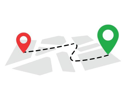 Map with two location pins connected by a dashed line vector